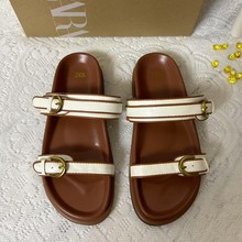 ZA2025夏季新款复古皮带扣休闲厚底拖鞋女外穿真皮平底罗马凉鞋女