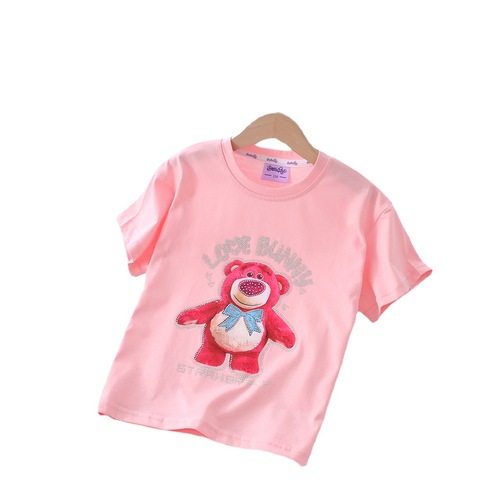 夏季新款女大童韩版烫钻针织半截袖女童印花小熊圆领短袖T恤衫
