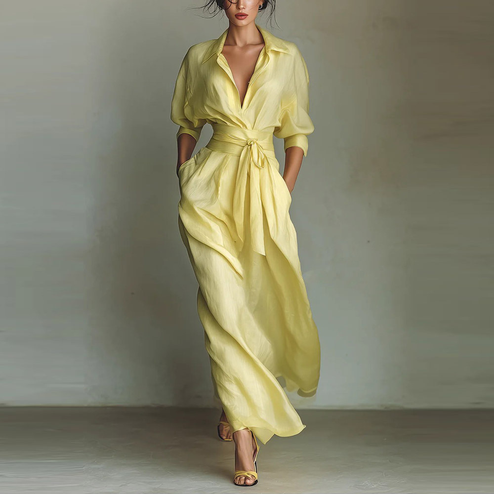 Cross-Border European and American Foreign Trade French Resort-Style Solid Color Waist-Cinching Slimming Pleated Dress, Elegant and Retro Casual