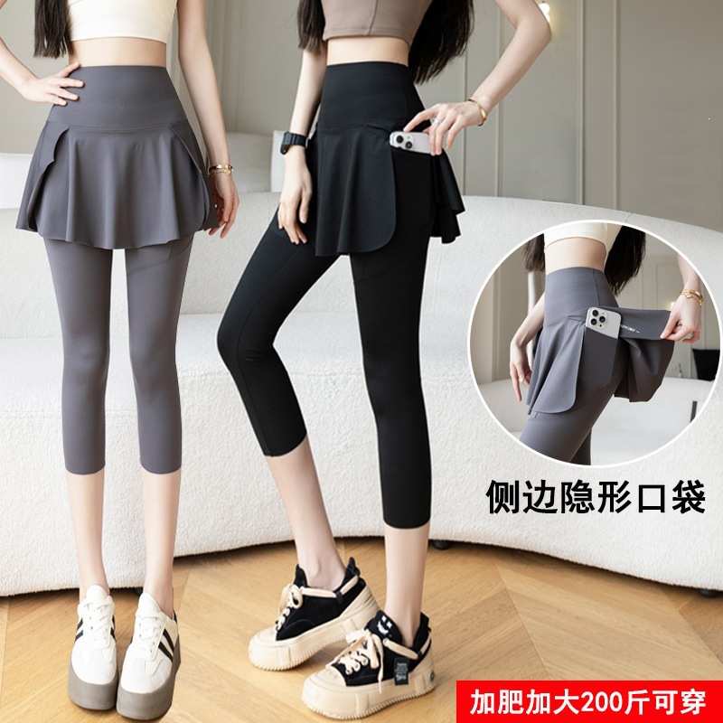 Plus-Size Yoga Pants with Faux Two-Piece Design, Seven-Quarter Length, Pocketed Shark Pants, 100kg Style, Suitable for Outerwear, Southeast Asian Cross-Border Leggings