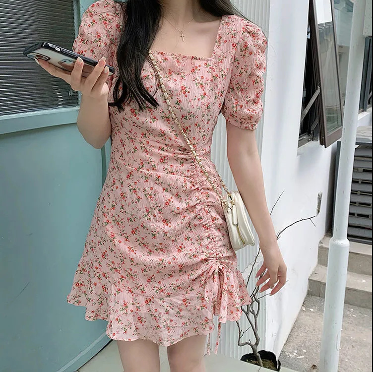2024 Summer new Korean style drawstring short sleeve square collar dress fashionable gentle floral dress sweet first love dress