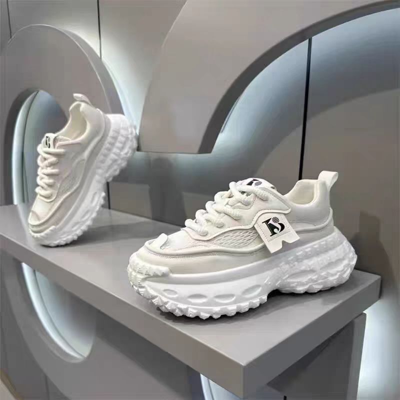 Tire Sole Winter Trendy Versatile Casual Sports Shoes, Running Anti-Slip Chunky Inner-Height White Dad Sneakers