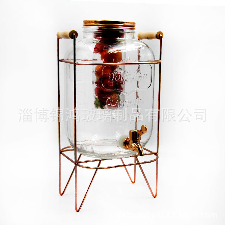 厂家供应1898玻璃冷水果汁壶自酿酵素玻璃罐玫瑰金木把提手架
