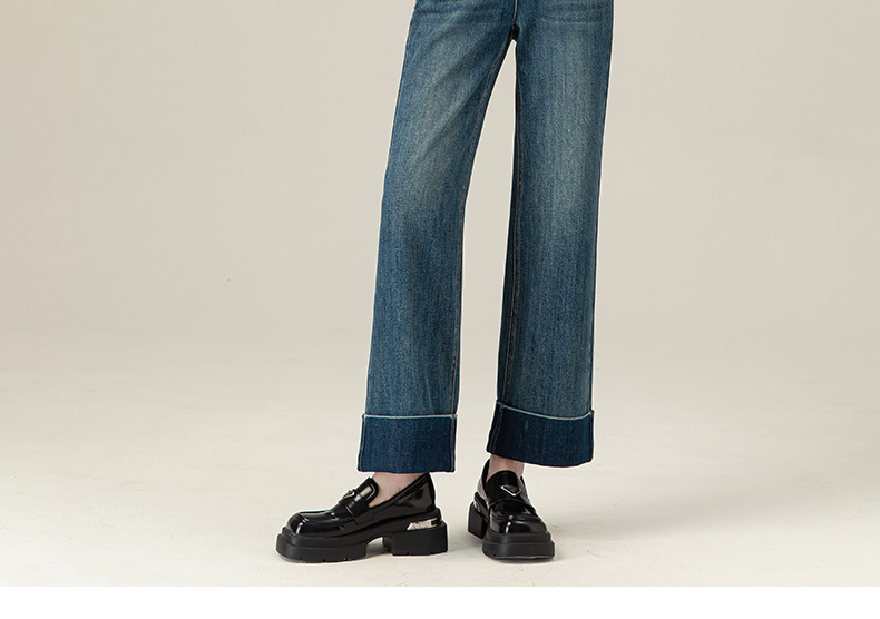 Quần jean ống đứng cạp cao Xinge chất Tencel mềm rủ, gấu gập cho nữ dáng nhỏ — Xanh đá quý chi tiết 7