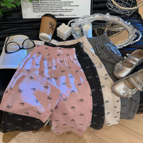 Baby Elastic Straight Leg Casual Long Pants with Bowknot Top for Girls, Spring and Autumn Printed Wide Leg Pants