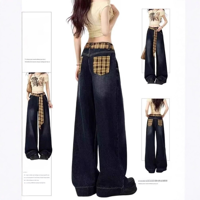 Blue-Gray Plaid Patchwork Wide-Leg Jeans for Women, Summer New Loose Slimming High-Waisted Straight Floor-Length Pants Trendy