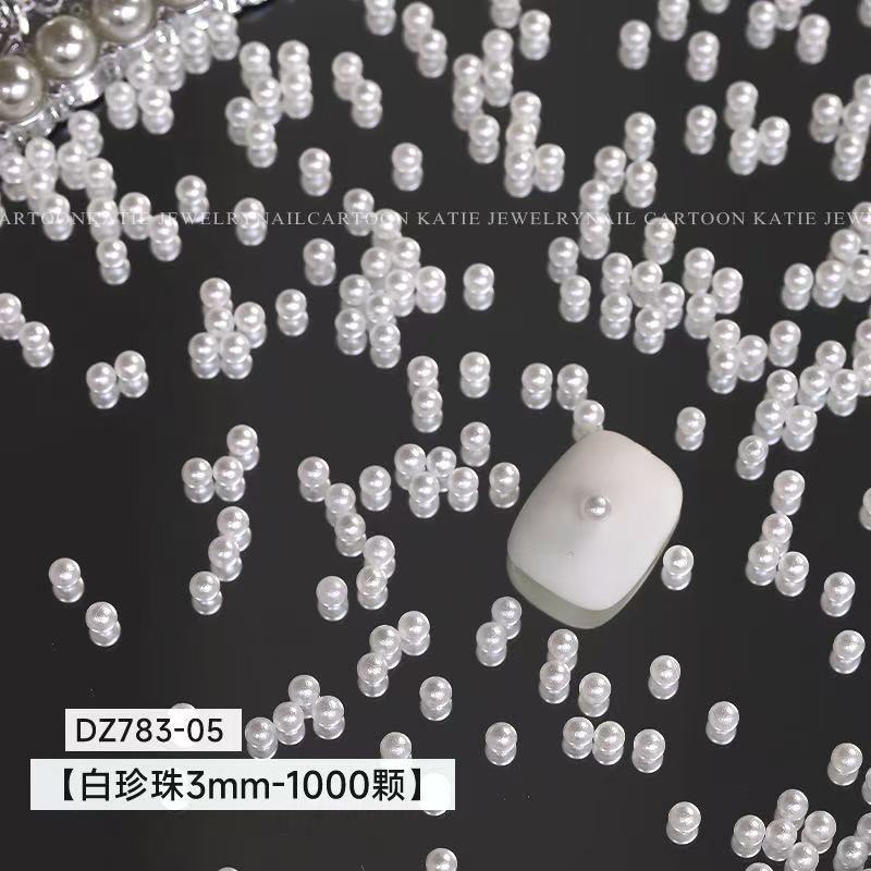 Joyas de manicura de perlas blancas puras no se desprenden de la piel de la bolsa plana de fondo redondo medio redondo de perlas brillantes de uñas especiales