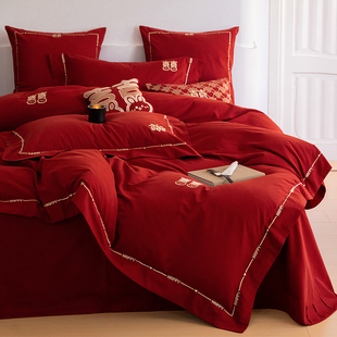 Wholesale Wedding Four-Piece Set 100S Long-Staple Cotton Brushed Quilt Cover Red Wholesale Bed Sheetss Wedding Bedding