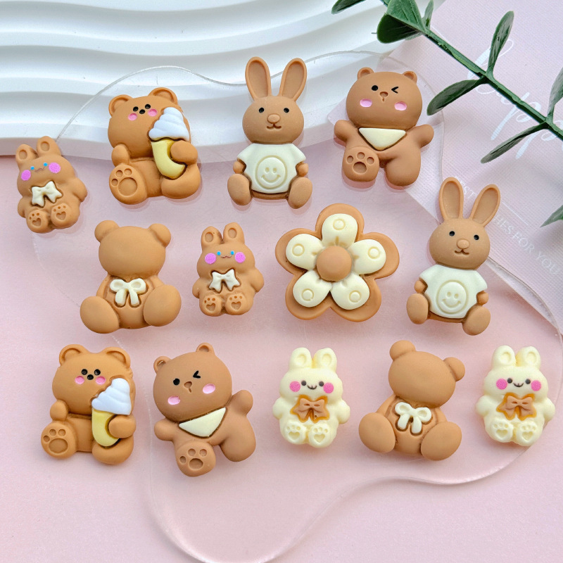 Curry esmerilado oso conejo resina diy accesorios joyería caja de teléfono móvil agujero zapatos agujero parches clip para el pelo material de joyería para el pelo