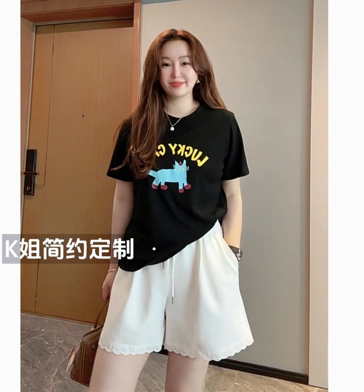 2025 新しい猫プリント半袖 Tシャツ女性の夏薄いルーズカジュアル多用途スリムラウンドネックトップ|undefined