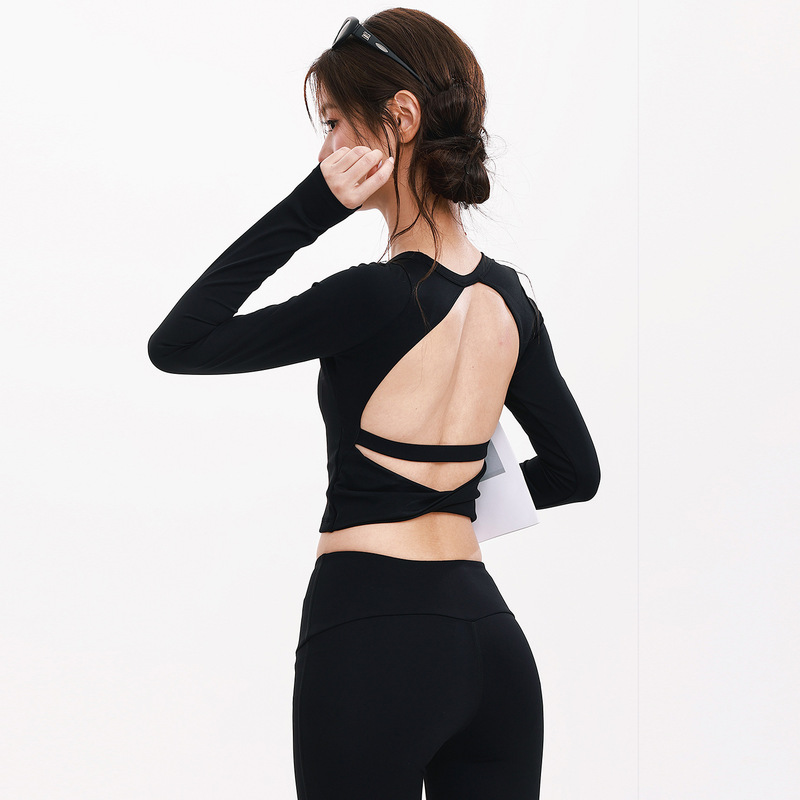 Sports Tops for Women, Beautiful Back, Open Back Yoga Clothes, Pilates Long-Sleeved Short Twist Fitness Clothes Sports Tops for Women, Beautiful Back, Open Back Yoga Clothes, Pilates Long-Sleeved Short Twist Fitness Clothes