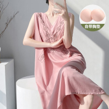 沐臻丝26年新款棉绸带胸垫睡裙女气质V领连衣裙夏季小众显瘦A字裙