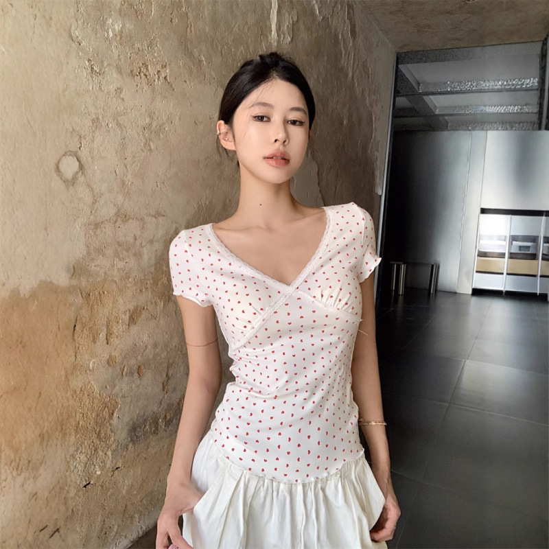 French White Lace Polka Dot V Neck Short-Sleeved T-Shirt for Women Summer Pure Lust Sexy Style Slim Fit Short Top