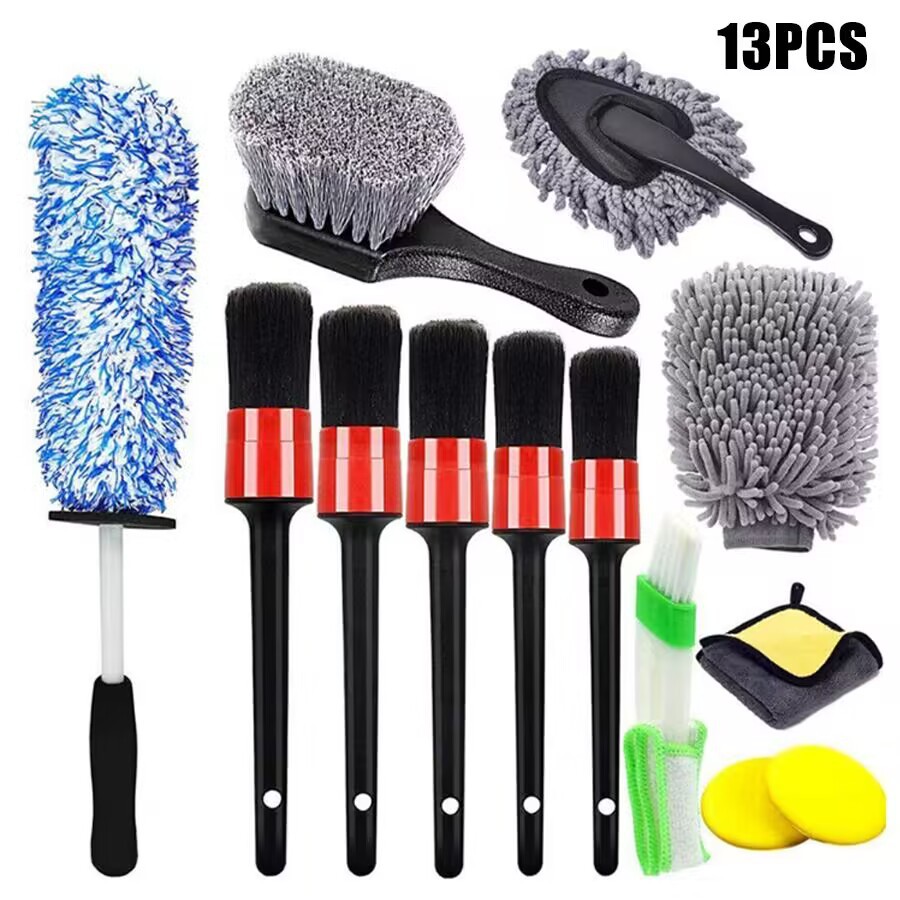 13件套汽车洗车清洁刷车轮刷套件细节刷钢丝刷轮胎刷长轮刷纤维布