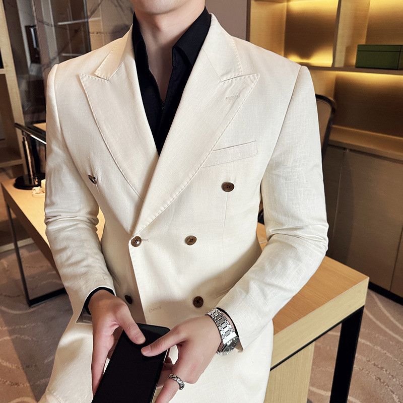 Summer Thin Suit Barge Collar Double-breasted Hemp Suit Italian Naples Fashionable Breathable Suit suit
