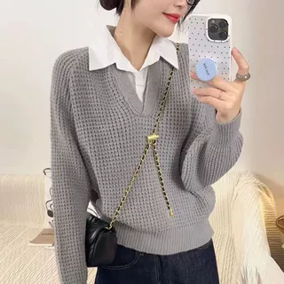 假两件毛衣秋冬女装慵懒复古设计感小众衬衫领麻花针织衫上衣显瘦