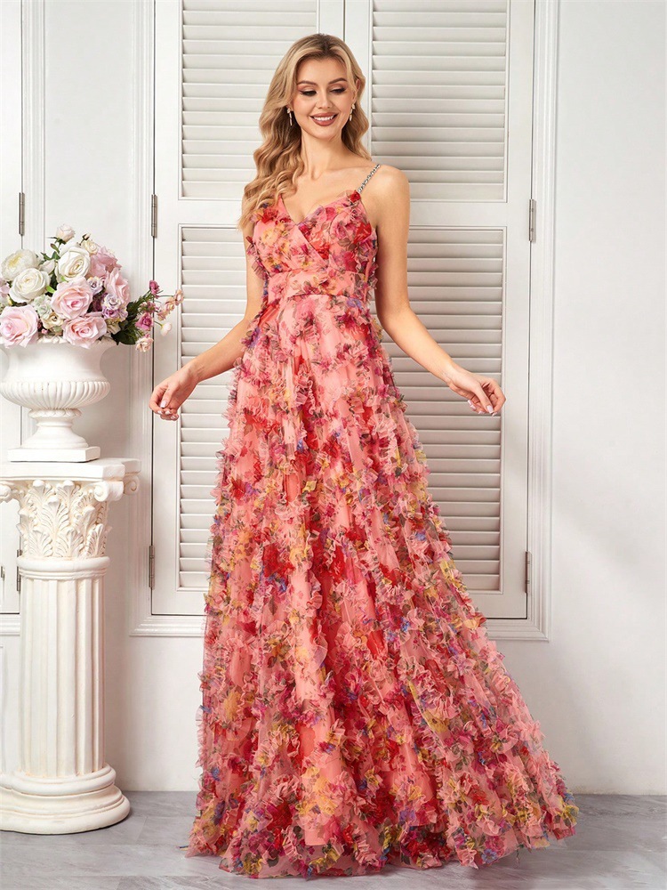 Europa y los Estados Unidos cruzaron la frontera nueva flor de chiffon vestido de noche banquete temperamento delgado cabina larga vestido de brindis