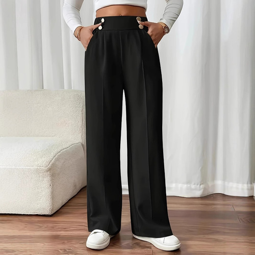 European and American new style dropped hem casual pants high-waisted long pants loose temperament straight-leg women's unique suit plain color women's pants