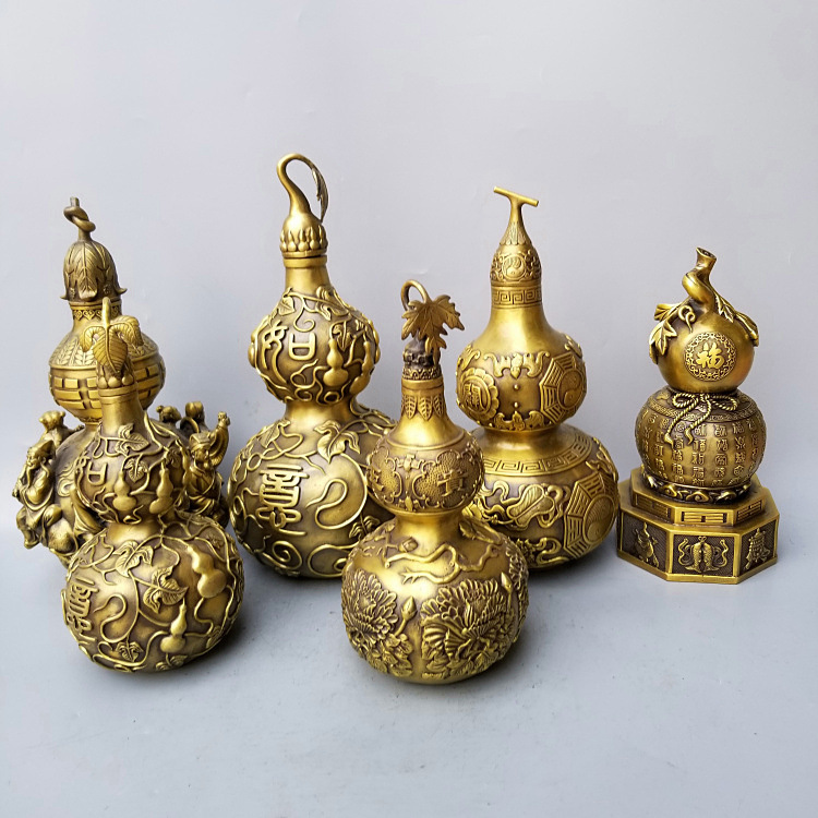 黄铜吉祥葫芦八宝八仙铜葫芦玉堂富贵牡丹葫芦铜器工艺品摆件
