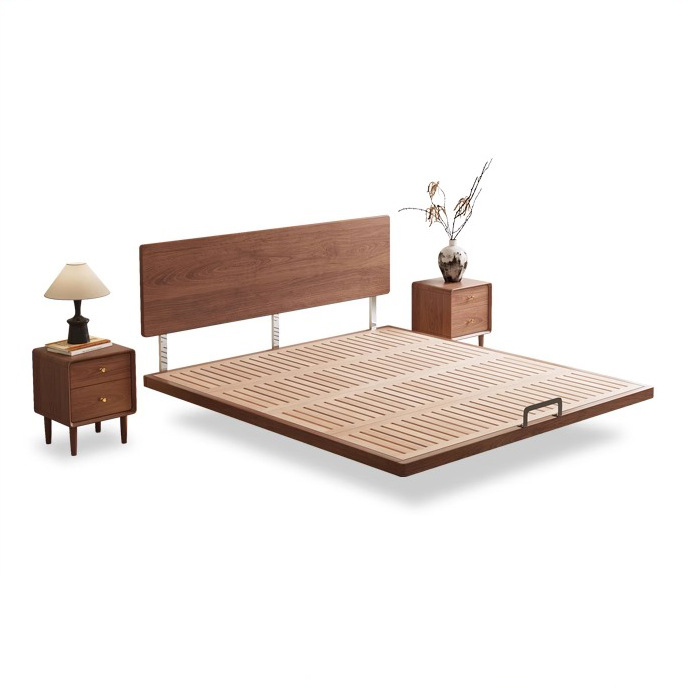 Cama de nogal nórdico de madera maciza pura con cabecera muy delgada, nuevo marco de fila de madera de haya, cama suspendida de apartamento pequeño minimalista moderno