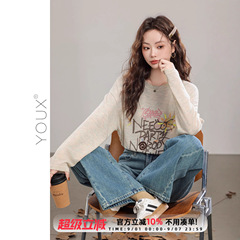 又巷【涂鸦派对】韩版宽松上衣2025早春长袖圆领字母印花t恤女