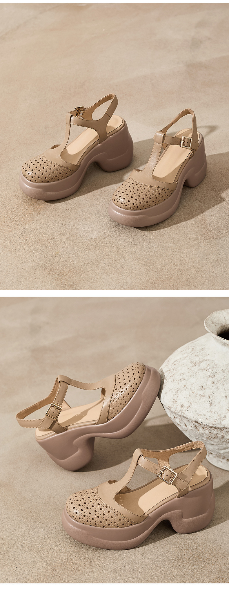 Sandal cao gót nữ quai ngang khóa T, đế dày 9.5 cm, gót thô — màu trắng ngà chi tiết 11