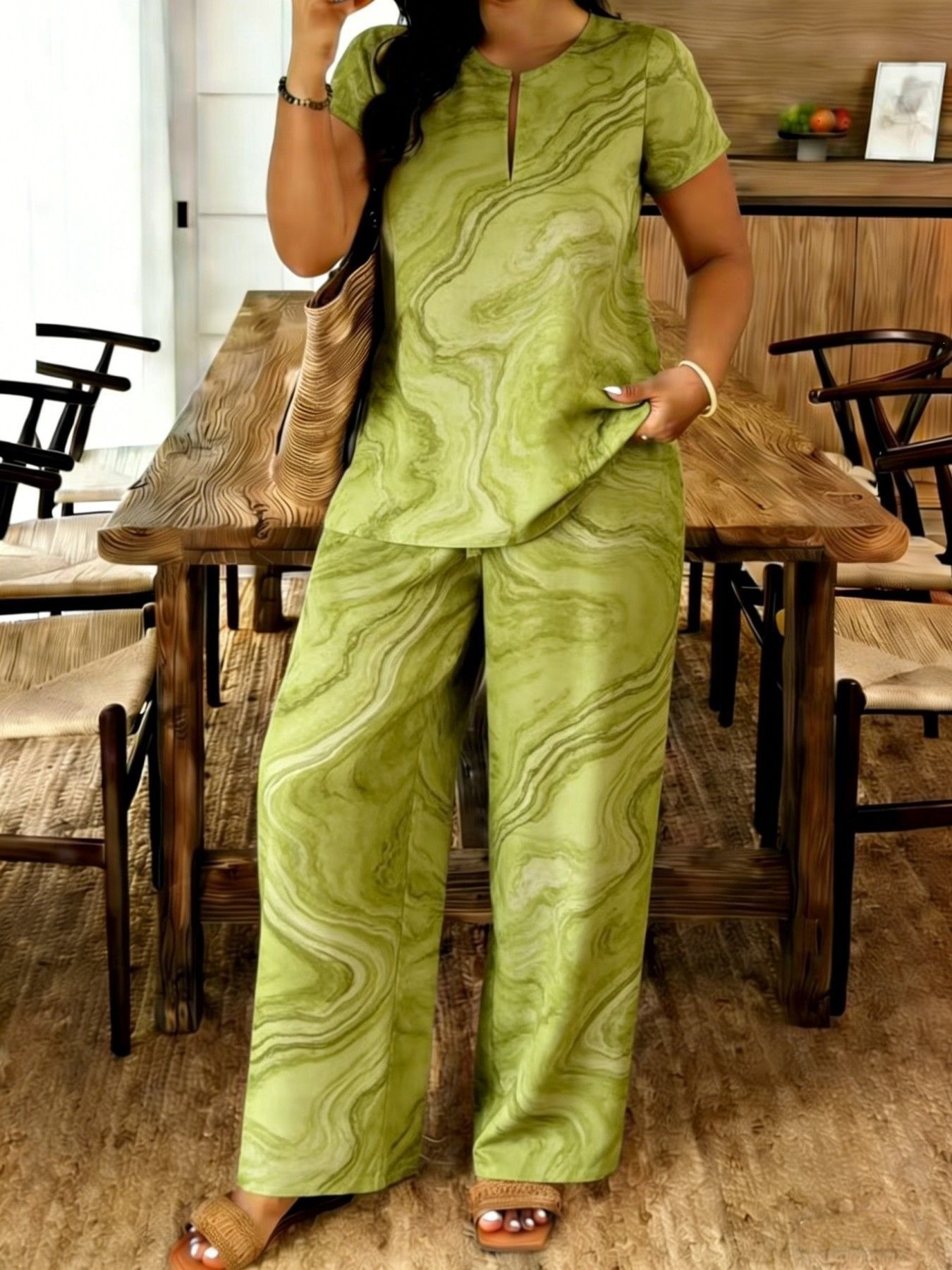 Completo estivo da donna: top con scollo a V e pantaloni casual, nuovo stile._voghion.com