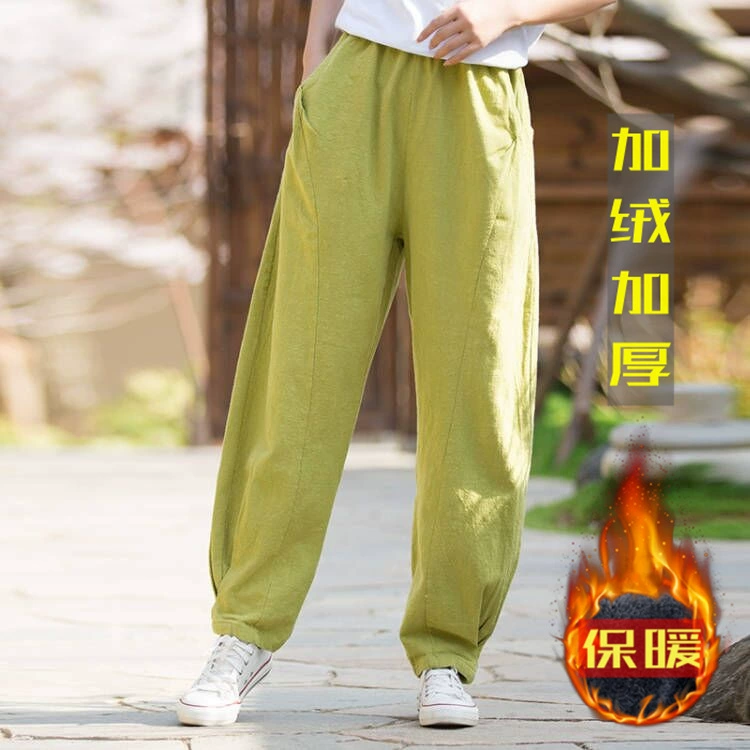 Зимняя женская одежда из хлопка и льна, художественный рэми с флисовой подкладкой, утолщенные лоскутные повседневные длинные брюки, универсальные женские брюки-фонарики для стройности