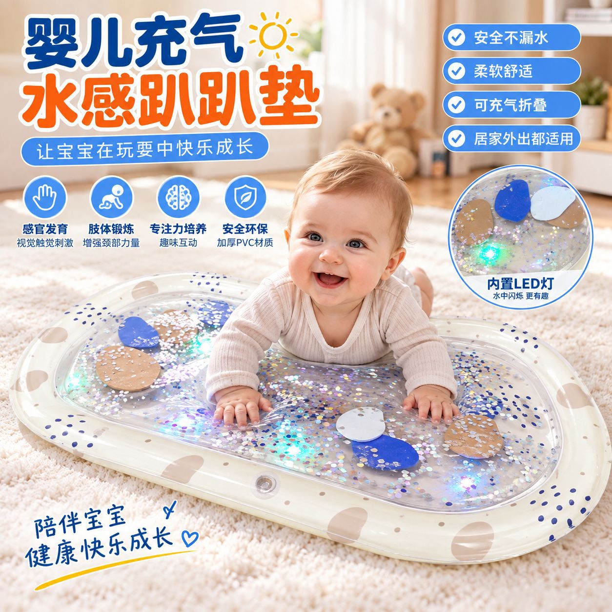 LED Children's Pat Mat Inflatable Floor Mat Baby's Ice Mat Inflatable Water Injection Luminous Ice Mat Cross-border Children's Pat Mat