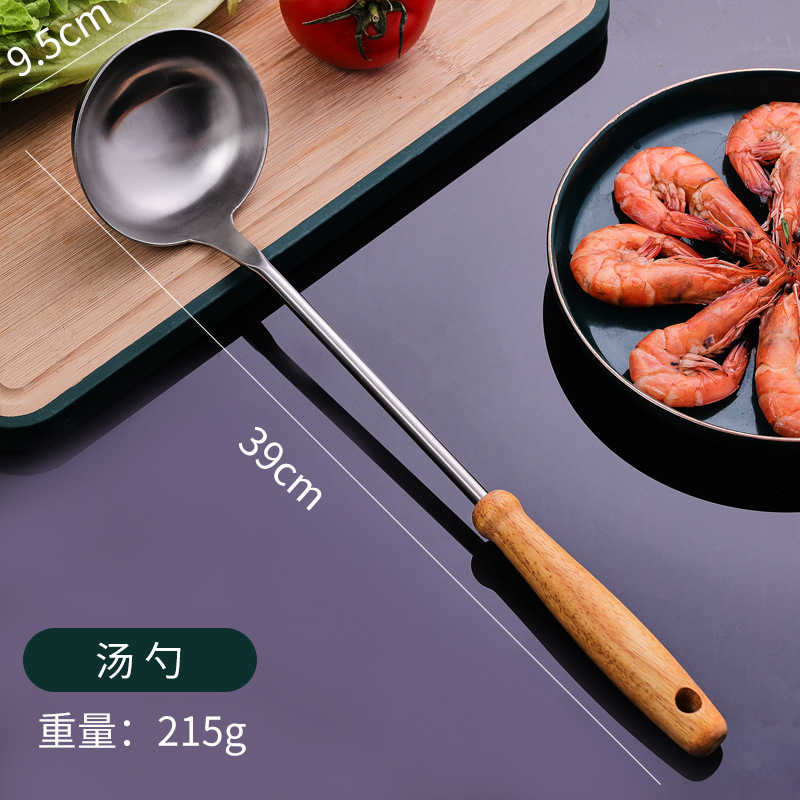 304 de acero inoxidable espátula cocina del hogar mango de madera cocina pala de sopa cuchara freír pala utensilios de cocina traje de fábrica al por mayor