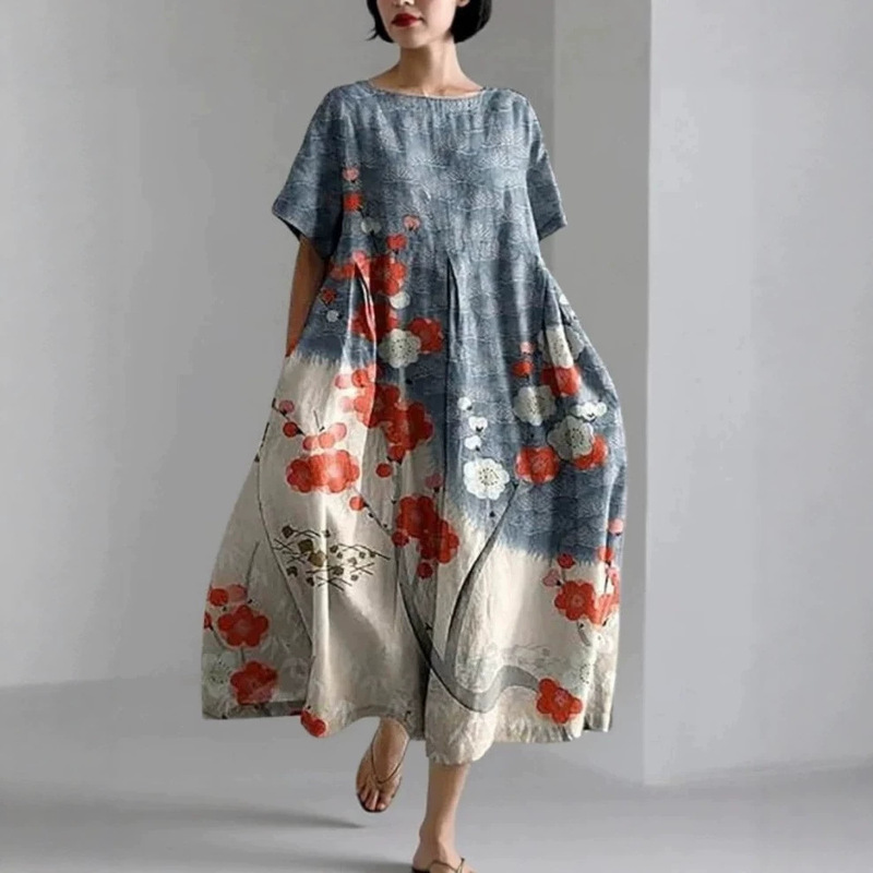 2026 Cross-Border Hot-Selling Printed Short-Sleeve Dress for Women, Loose-Fit Bamboo Linen, Vintage Artistic Style, Slimming Vacation Long Dress 2026 Cross-Border Hot-Selling Printed Short-Sleeve Dress for Women, Loose-Fit Bamboo Linen, Vintage Artistic Style, Slimming Vacation Long Dress