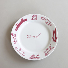 韩国ins风高颜值小猫盘子红色复古卡通陶瓷餐具甜品盘平盘西餐盘