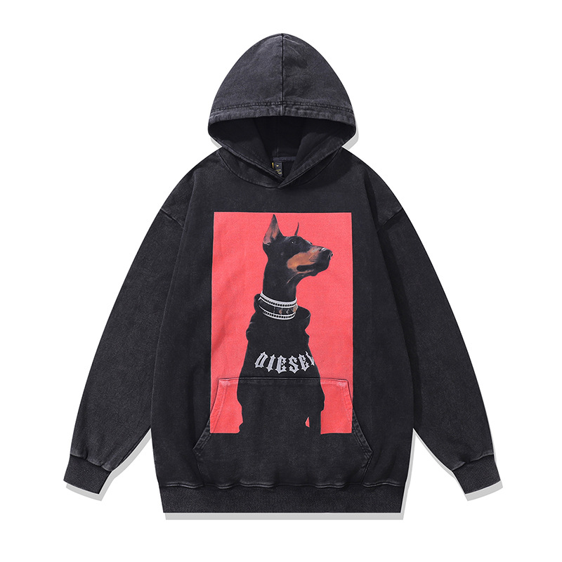 TKPA Streetwear Western High-Street Doberman Colorblock Print Washed Retro Hooded Sweatshirt Men Oversize Jacket