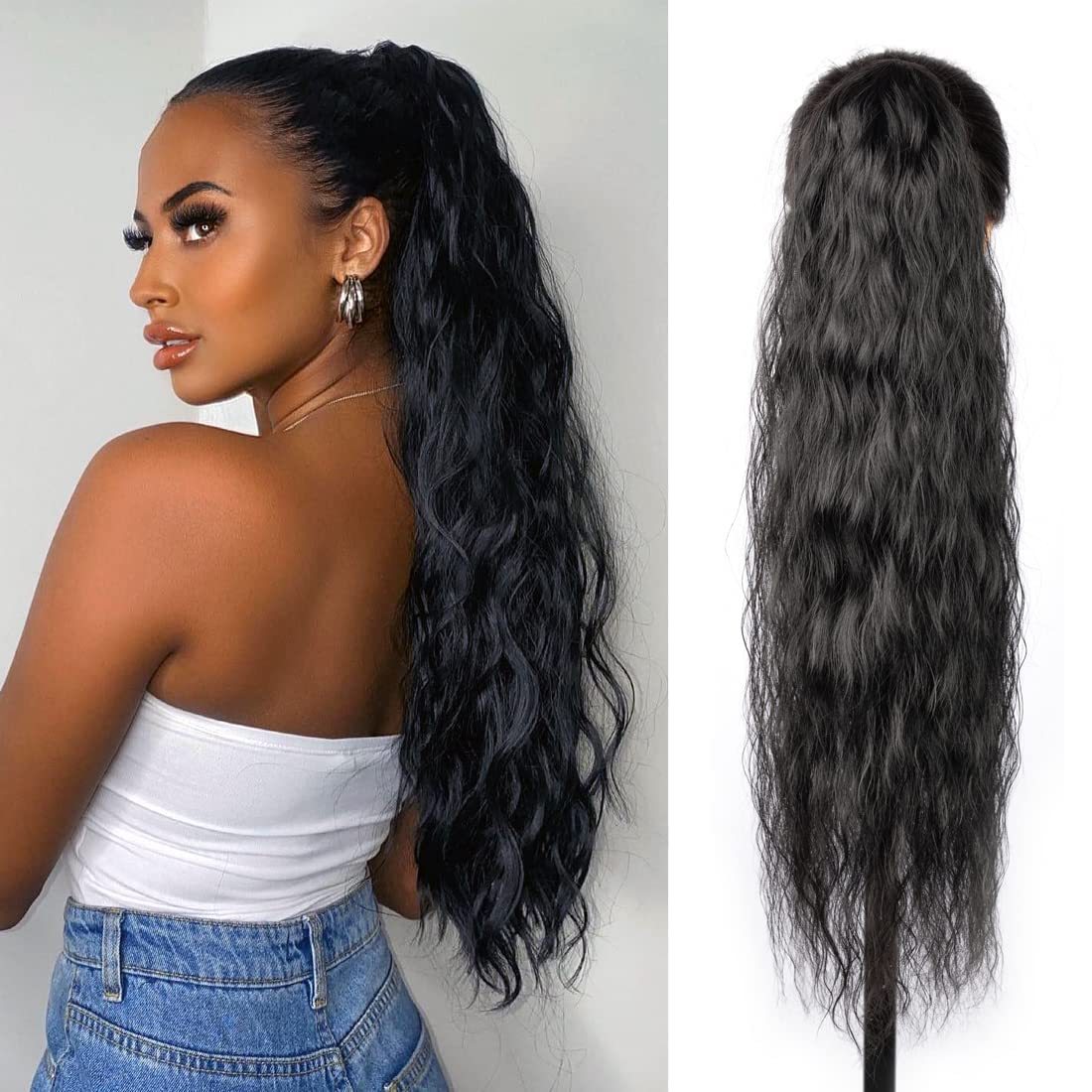 Sünteetilised juuksed 38-tollised lokkis sünteetilisest painduvast mähisest maisikujulise lainelise hobusesaba pikendusest_voghion.com