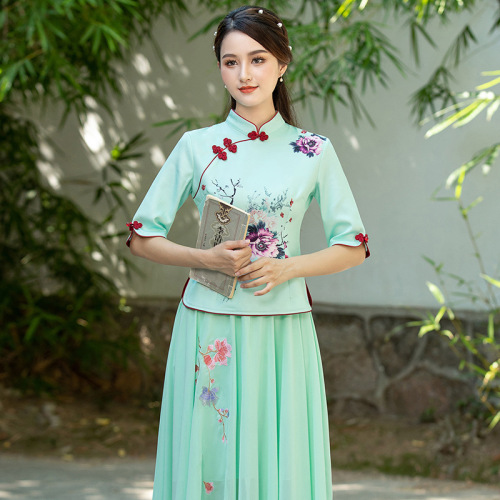 Green pink blue Floral chinese qipao dress for women girls Daily Improved Print Tang suit Fitted Cheongsam Fashion Top skirts Women's Two-piece Set