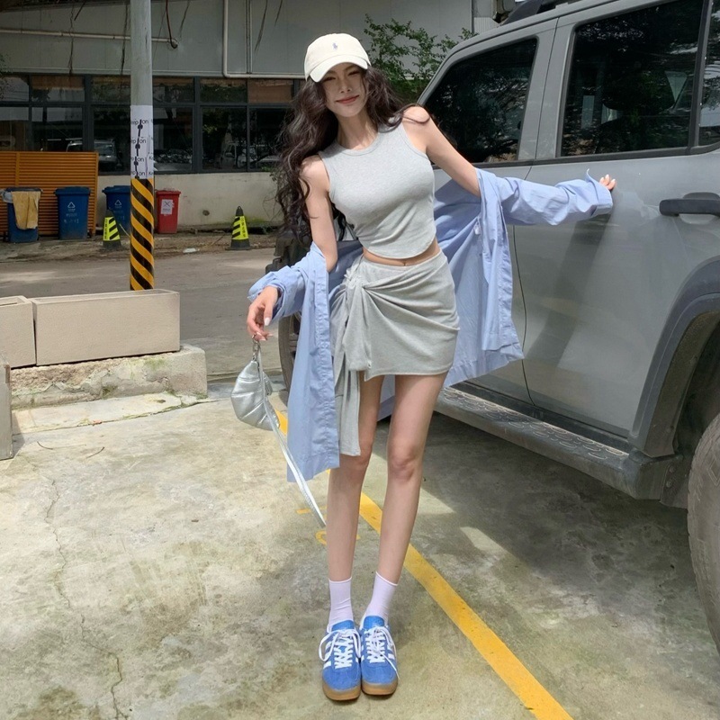 美式bm风时尚休闲套装女夏季新款设计感绑带半身裙不规则下摆背心|undefined