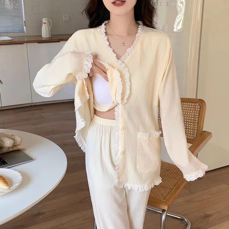 Venta al por mayor transfronteriza con almohadilla para el pecho Nubes de algodón Pijamas de primavera y otoño Pantalones de manga larga para mujer Nuevo estilo Cárdigan de encaje dulce Servicio a domicilio