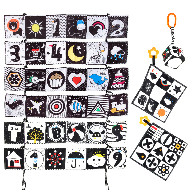 嬰幼兒黑白床圍布書帶BB叫 0-3歲寶寶嬰兒車黑白雙面口水巾挂件