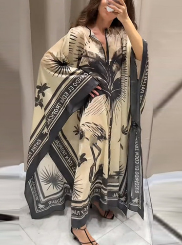 Cross-border European and American 2025 New Autumn Retro Printed V-neck Loose Plus-size Resort-style Dress for Women NQ6019