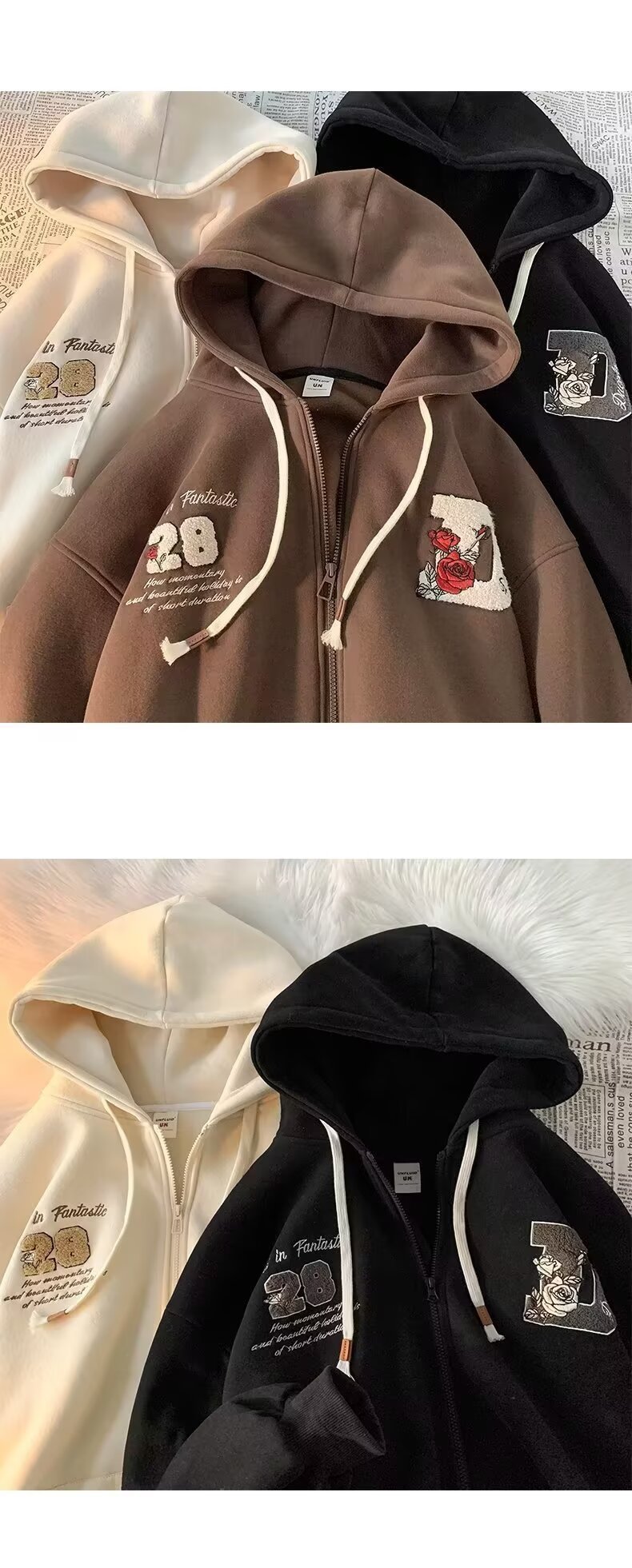 Felpa con cappuccio e cerniera retrò – Felpa unisex oversize con grafica anime (beige/marrone/nero, S-3XL)_voghion.com