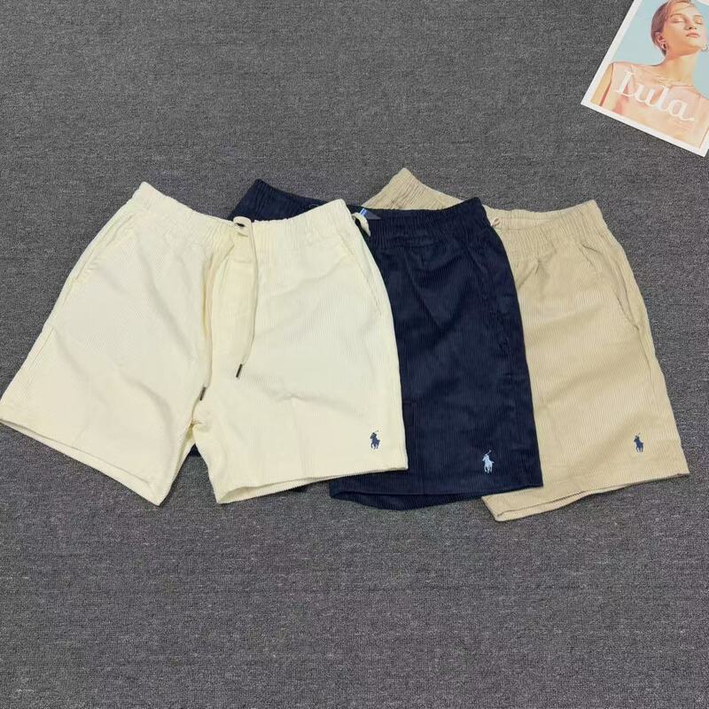 Rl Laff Pony Logo Embroidered Pure Cotton Corduroy Casual Shorts Men's Loose Five-Point Breathable Couple Pants Summer