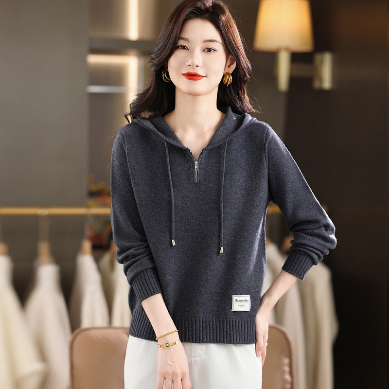 Counter Hooded Woolen Sweater for Women 2025 Spring & Fall New Casual Wearable Sweater Short Zipper Knitted Bottoming Shirt