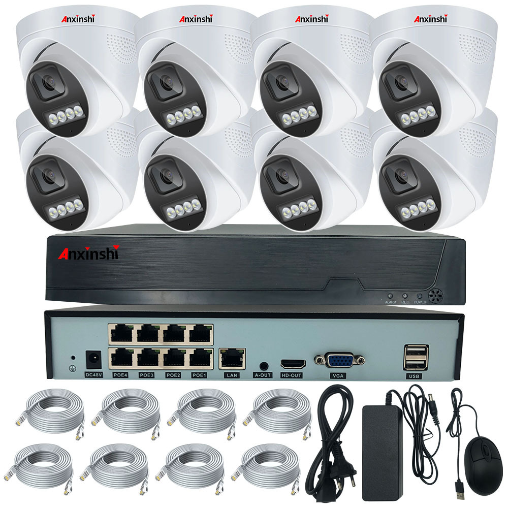 8CH Kamera Kiti Su Geçirmez Tam Renkli Ip Cctv POE Kamera APP Üzerinden Uzaktan İzleme ve Oynatma