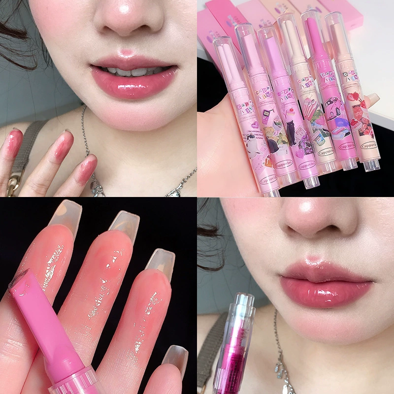 CAPPUVINI Card Bubble Vini Milk Tea Color Watermelon Solid Lip Glutter Dudu Lip Mirror Lipstick Pen Red