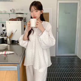 跨境专供外贸秋季韩系双层加厚棉纱蝴蝶结狗牙圆领家居服睡衣套装