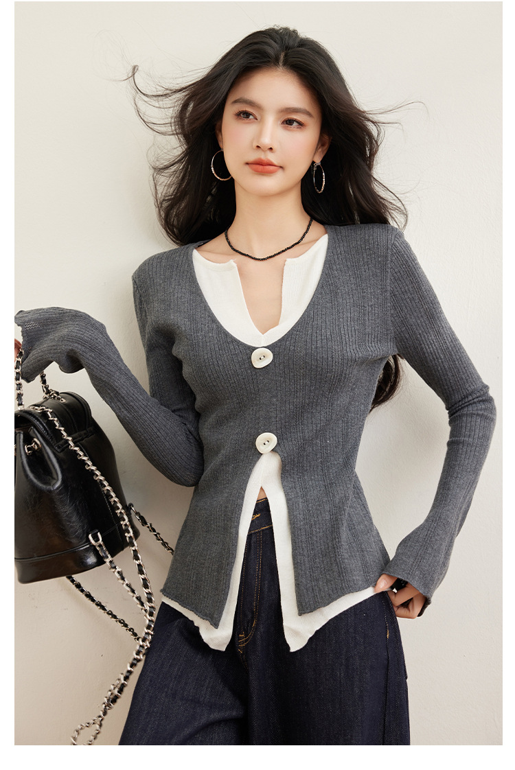 Early Spring New Fake Two Pieces Contrasting Color Design V-Neck Irregular Waist Thin Knitted Top Women 17 O1Cn014Xpidq1M2G0Ek5Nwf !!3434201376 0 Cib