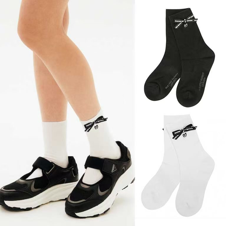 25 New Golf Socks for Women with Bow Embroidered Logo, Non-Slip, Breathable, Mid-Length, Versatile Towel Bottom Sports Socks