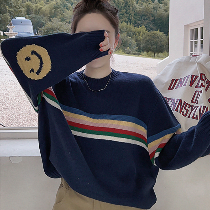 2023 Otoño e Invierno Nuevo Arco Iris rayas diseño estilo coreano ropa casual con cara sonriente cuello redondo suéter moda estilo Perezoso image 9