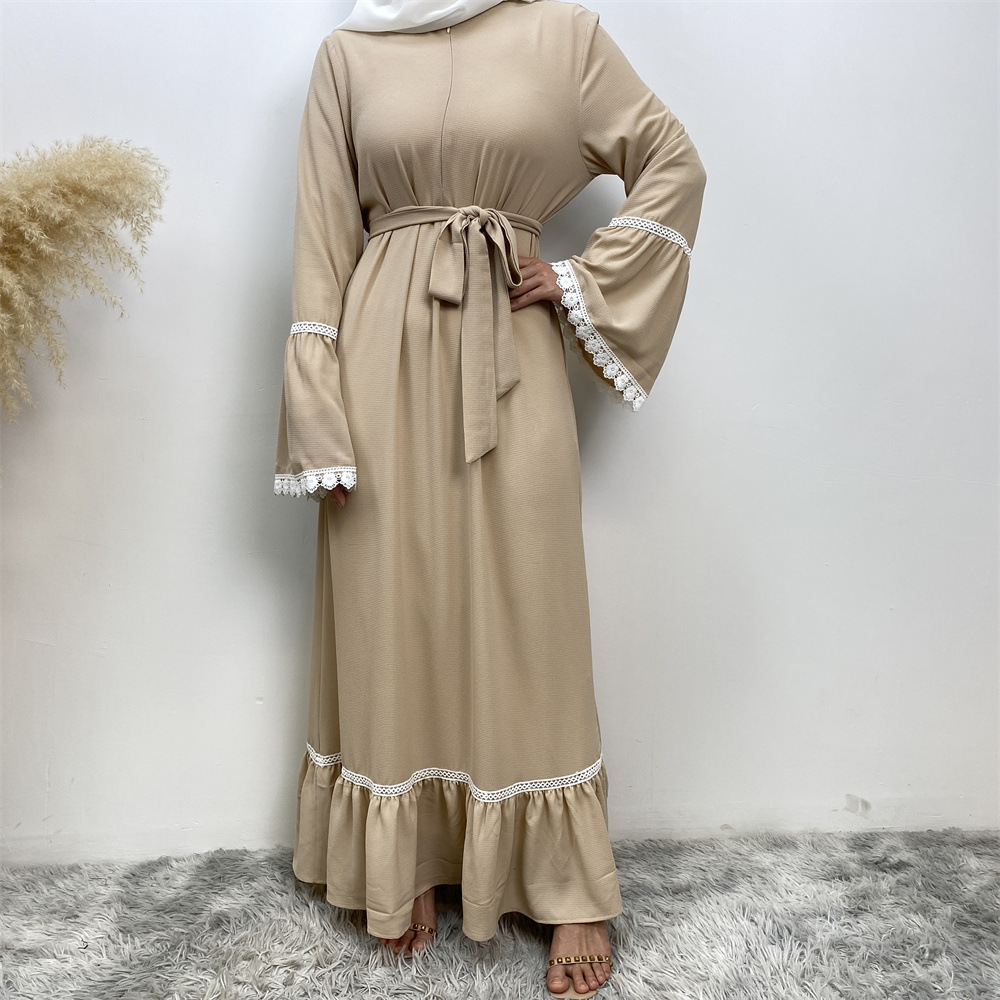 Modest Abaya Dress/Muslim Dress Women Patchwork White Lace Trim Dress With Front Zipper And Full Skirt For Women Muslim Fashion_voghion.com