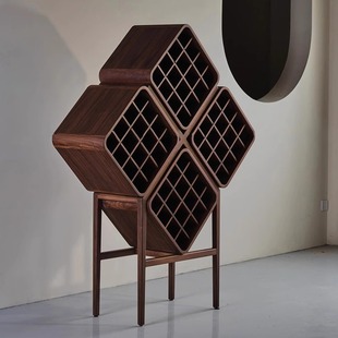 New Chinese Style Black Walnut Wine Rack New High-End Rhombus Shelf Home Living Room Solid Wood Wine Cabinet Display Rack